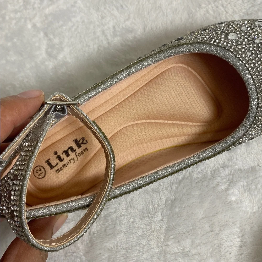 NWOT Link Sparkling Embellished Ankle-Strap Ballet Flats - Silver Size 12